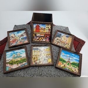 BIN KASHIWA Paris Coasters France Scenes Vintage Set Lot 6 with holder (ST1)